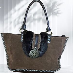 Nicole Lee Boho Suede, Leather, and Fur Shoulder bag. 18” x 10” x 5”